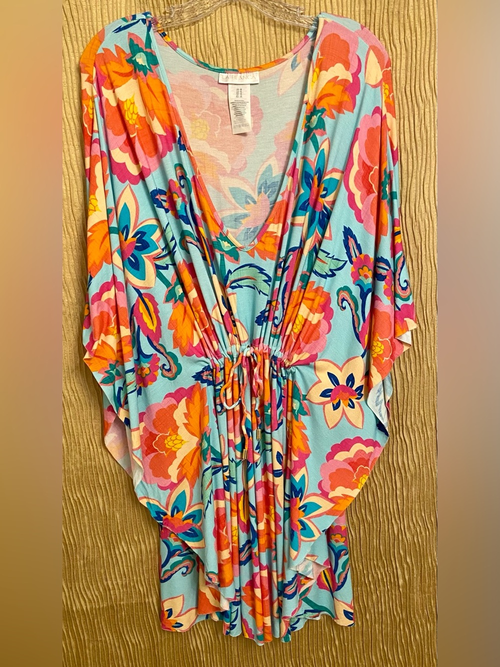 La Blanca Floral V-Neck Drawstring Swim Cover Up - Aqua, Pink, Orange